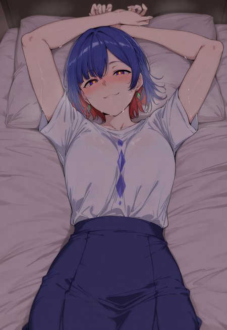 safe_pos, masterpiece, best quality, alp, (((1girl))), solo,

((rim \(kamitsubaki studio\), blue hair, (braid:0.8), colored inner hair, two-tone hair, red hair, short hair, multicolored eyes, yellow pupils, bright pupils, diamond earrings, white shirt, blue skirt, short sleeves))

drunk, heavy blush, suggestive smile, lying on bed, arms up, dynamic pose,

indoors, bedroom background, dark area,