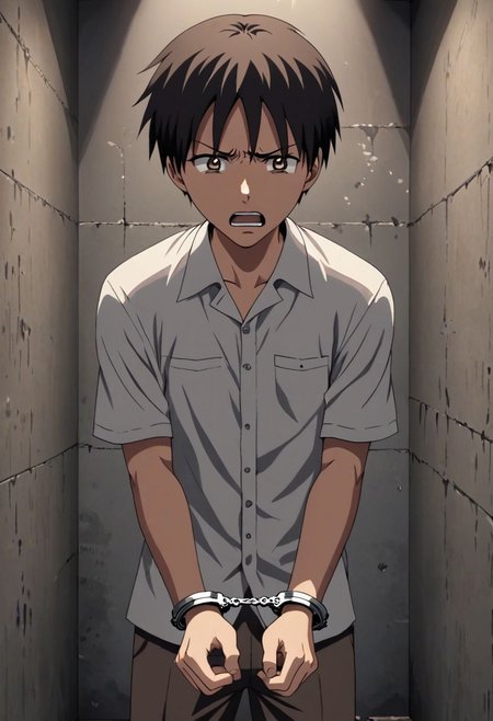 high resolution, solo, best quality, 1Boy, Takaki Toono, Brownish Hair, Brown Eyes, arrested, restrained, struggling, handcuffs, interrogated, interrogation room, OverallDetail
