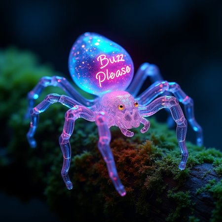 A macro side-profile composition fills the frame of a transparent neon glass crystal murder hornet, entirely hairless, with six intricate legs refracting light. Its elongated abdomen is the focal point, glowing internally with a mesmerizing multicolored fluorescent galaxy of swirling stars and radiant light. The hornet’s translucent body captures and refracts light like a prism, casting vibrant neon hues across its surroundings. Resting delicately on a mossy log with lush green textures, the dark background enhances the ethereal glow of the hornet, creating a stunning contrast. Photorealistic, extremely detailed, focusing on sharp realism and vivid fluorescent colors