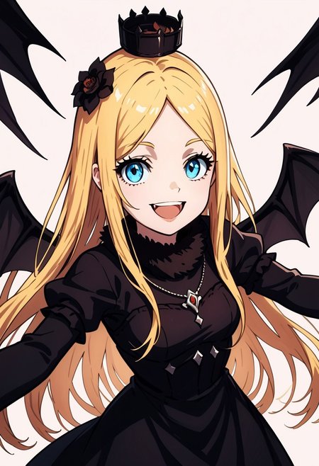 score_9, score_8_up, score_7_up, score_6_up, score_5_up, score_4_up, detailed face, imp renner, 1girl, blonde_hair, long_hair, solo, dress, blue_eyes, smile, hair_ornament, open_mouth, black_dress, long_sleeves,wings, flower, very_long_hair, hair_flower, parted_bangs, looking_at_viewer, outstretched_arms, bangs, :d, simple_background
