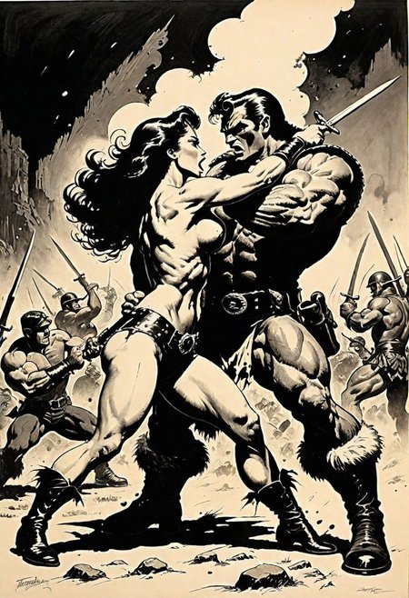highly detailed ink drawing in the style of Frank Frazetta. 2 people fighting, A formidable muscular woman beating up a soldier, in a rowdy tavern.
