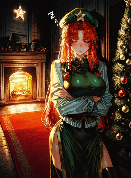 1girl, hong_meiling, blush ,braid, breasts ,chinese_clothes ,hat, long_hair, red_hair ,shirt star_(symbol) ,thighhighs, twin_braids, white_shirt,sleepy ,against_wall ,zzz,closed_eyes ,crossed_arms ,
chrlib, scenery, indoors, living room, night, oven, christmas tree, christmas ornaments, red carpet,
, Fishine,ireading ,noya_makoto ,quasarcake, retro_artstyle, retro,looking_at_viewer ,
masterpiece, best quality, amazing quality, very aesthetic, absurdres,  newest, <lora:ponyv5_noobE11_1_adamW:0.6>, <lora:add-detail-xl:0.5>, <lora:cfg_scale_boost:0.5>, <lora:retro_scifi_artstyle:0.6>, <lora:USNR STYLE_XL_loha:0.6>, <lora:Christmas living room:0.6>
