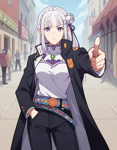 score_9, score_8_up, score_7_up, source_anime, <lora:rezero-emilia-s1s2-ponyxl-lora-nochekaiser:1>, emilia, braid, crown braid, flower, hair flower, hair ornament, hair ribbon, long hair, pointy ears, purple eyes, white hair, x hair ornament, medium breasts,, <lora:kujo-jotaro-cosplay-ponyxl-lora-nochekaiser:1>, kujo jotaro cosplay, kujo jotaro (cosplay), gakuran, cosplay, belt, black headwear, black jacket, black pants, high collar, multiple belts, pants, shirt,, street, jojo pose, pointing, hand in pocket, cowboy shot, looking at viewer,