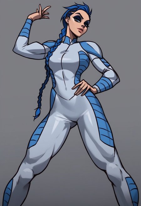 score_9, score_8_up, score_7_up, anna, 
solo,1girl ,breasts, braid, blue hair, long hair, braid,great shading,,open eyes, eyeshadow, blue eyeshadow,makeup,, eyebrow piercing, piercing, 
blue motosuit, 
standing pose, looking at viewer, full body
gray background,