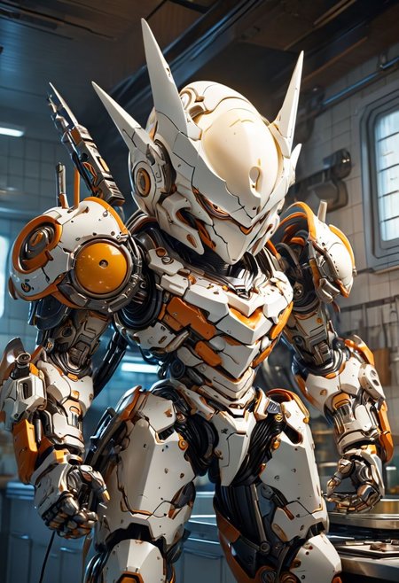 (Image of a goofy hard boiled white egg with eyes and a face and arms and legs in armor and helmet that is holding a fork on the kitchen), 
BREAK
Masterpiece, 8k, sharp image, highest-quality, intricate details, highly detailed, micro-details, micro-details within the micro-details, sharp edges, detailed textures, wide angle, cinematic view, full view, atmospheric lighting, visually stunning, high contrast, fantasy, 1image, trending on artstation <lora:add-detail-xl:1.5>  <lora:Mecha_Ggorgeous_Armor:0.6>  <lora:MJ52:0.4>