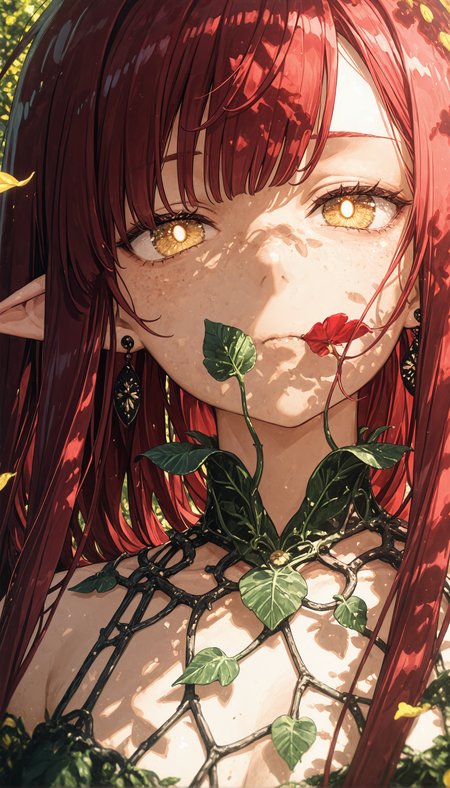 masterpiece, best quality, highres, absurdres, ultra detailed eyes, perfect skin texture, finely rendered hair, 1girl solo, anime coloring, extreme close up, detailed face, landscape, burgundy hair, dark red hair, very long hair, asymmetric bangs, hair strands near face, yellow eyes, light eyes, white pupils, tsurime, intense gaze, emotional eyes, a world in her eyes, skin fang (visible near mouth edge), black stud earring (partially visible), wearing a delicate leaf collar, woven vine shoulder straps, flower petal texture on clothing upper part visible, enchanted forest (implied background), serene atmosphere, soft dappled light on face, nature spirit, elf, gentle, tranquil, whimsical, ethereal beauty, 748cmstyle, usnr, (beautiful detailed eyes:1.3), (bright sunshine:1.3), <lora:HandFixer_pdxl_Incrs_v1:0.5> <lora:None:1.0> <lora:deadpuritySDXLvpred10-step00002300:0.30000000000000004> <lora:Kantoku_Style_for_Illustrious:0.8000000000000002> <lora:banpaiAkiraOSXL_NBVP1_lokr_V6311P:0.30000000000000004> <lora:WSSKX_WAI:0.30000000000000004> <lora:Aura_Phantasy&Shiiro's_Styles-Illustrious:0.30000000000000004> <lora:åå¡ã__ATNR_STYLE-Illustrious:0.05000000000000001> <lora:r17329_illuu:0.05000000000000001> <lora:il_saturation_slider_d1:-0.5000000000000001> <lora:il_color_temp_slider_d1:-1.0000000000000002>