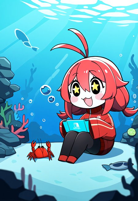 very awa, masterpiece, best quality, year 2024, newest, highres, absurdres, <lora:age_slider_v4:3> <lora:thicc_v1.4-pony:1.2>,detailed_background,outdoors,smile,sidelocks,holding,sleeves past fingers,low twintails,solo,wide sleeves,hair between eyes,handheld game console,holding handheld game console,highres,red hair,symbol-shaped pupils,lobster,sleeves past wrists,:3,yellow pupils,no nose,twintails,open mouth,star \(symbol\),underwater,absurdres,red jacket,full body,sitting,derurago,chibi only,blush stickers,long sleeves,jacket,black pantyhose,star-shaped pupils,antenna hair,1girl,black eyes,lobster girl,red footwear,pantyhose,fish,medium hair