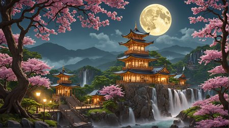 Pokémon style landscape of yellow full moon, during night time, sakura trees, pink flowers, with (mythical temples:1.4) surrounded by mystical green trees full of leafs, (Waterfalls:1.3), (fog in background:1.3),[photography, realistic, photorealistic, 8k, highly detailed, cinematic lighting, intricate details, high resolution, award-winning, correct focus, realistic, realistic lighting, highly detailed, masterpiece], shot on canon, EF200mm, f/4, moon flares . Vibrant, cute, anime, fantasy, reminiscent of Pokémon series