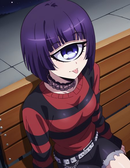 score_9, score_8_up, score_7_up, source_anime, <lora:cyclops-manako-s1-ponyxl-lora-nochekaiser:1>, manako, short hair, blue eyes, purple eyes, purple hair, one-eyed, cyclops, medium breasts,, <lora:emo-fashion-ponyxl-lora-nochekaiser:1>, emo fashion, torn sweater, two-tone sweater, sweater under shirt, striped sweater, lace-trimmed choker, belt chain, red sweater, black sweater, goth fashion, street, night, moon, sitting, bench, from above, tongue out,, , dutch angle,