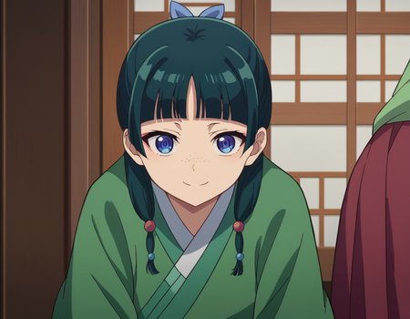 score_9, score_8_up, score_7_up, source_anime,
maomao, <lora:kusuriya-maomao-s1-ponyxl-lora-nochekaiser:1>,
maomao, long hair, bangs, blue eyes, hair ornament, green hair, blunt bangs, freckles, hair bun, single hair bun,
japanese clothes, robe, green robe, long sleeves, wide sleeves, skirt, red skirt,
indoors, bent over, smile,
looking at viewer, cowboy shot, dutch angle,
