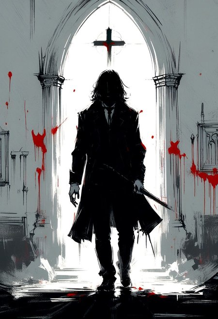 HAND CRAFTED. SCIENTIFIC PERFECTION. EXTREMELY (((DARK))). (PENCIL SKETCH and [Special Ink-drawing mode]). clean simplicity. DYNAMIC VIEW. DUTCH ANGLE. elusive. (((CHURCH SILHOUETTE))). THE VAMPIRE IS COMING, artful. calligraphic commented. (by MANSON:1.5). (caught cheater:1.7). from behind. washed other CREATURES shadow. Some red blood dripping.