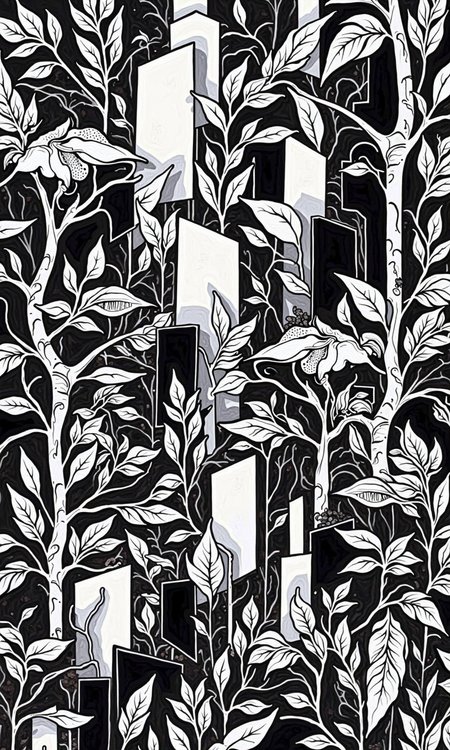 Full black and white abstract graphic design. 
The design features a dense, intricate pattern of stylized shapes and forms that appear to represent plants, buildings, and other symbolic elements.  The shapes are geometric and organic, with sharp lines and bold outlines. 
The overall composition suggests a complex, layered landscape or cityscape.  The forms are densely packed, creating a feeling of depth and visual complexity.  The use of black ink fills the entire space, with no white areas. The varied shapes, sizes, and placements of the imagery create a strong visual rhythm and sense of movement.
<lora:FLUX-daubrez-DB4RZ-v2:1> DB4RZ, DB4RZ style painting