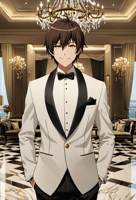 Highres, Masterpiece, High Quality, 4K, 8K, solo, 1Boy, Seiya Kanie, short dark brown hair, golden eyes, ballroom, luxury hotel, luxury room, marble floor, crystal chandelier, classic ornaments, tuxedo, smile, musterius, classy, confident, rich, easynegative, detailed_eye_model