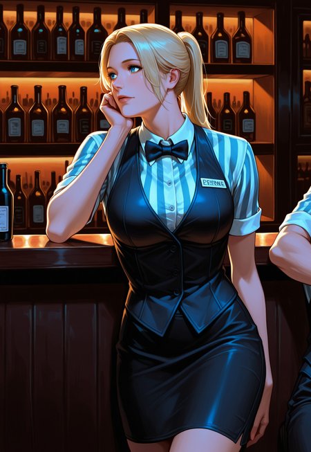 masterpiece, best quality, detailed, realistic, cowboy shot, 1girl, solo focus, Cindreo, blonde hair, ponytail, striped shirt, vest, skirt, bowtie, name tag, bar, at night, bottles, bartender, leaning on a bar, elbow support, head rest,