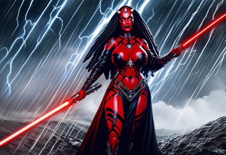 safe_pos, score_9,score_8_up,score_7_up, full body, 1girl, solo, large breasts, Dathomirian Zabrak alien, small white horns, red skin, yellow eyes, full lips, plump lips, black robe, black loincloth, spacecraft, science fiction city, rain, storm, lightning, wet, realistic, medium shot, sith lord, long hair, dreadlocks, war, star wars, lightsaber, holding lightsaber, red lightsaber, futuristic war, futuristic battle field, explosions, lasers, blaster bolts, tanks, 