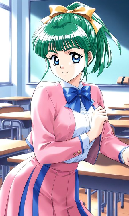 general,highres, ultra-detailed,very aesthetic,best quality ,best hands, BREAK <lora:Iijima_Miyuki_kakyuusei_Ver2.0_IS:1>
Iijima_Miyuki(kakyuusei), 1girl, solo, green hair, high ponytail,, bangs, short hair, blue eyes, hair ribbon,Yellow ribbon, breasts, 
classroom, indoors, pink jacket, blue line skirt,
chalkboard, looking at viewer, shirt, school uniform, jacket, blue bow, shirt tucked in, desk, 
bowtie, school desk, long sleeves, smile, pink skirt,