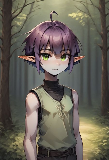 ASCIILapanya, 1 person, solo, pointy ears, ((snout nose)), flat chest, small nostrils, short stature, skinny arms, ((hazel irises)), fair skin, ((dark lilac hair)), short hair, tomboy haircut, small nostrils, 3 fingers 1 thumb ((Sleeveless green vest, fitted black undershirt, black pantaloons, fully clothed))
((Forest background)), fully clothed, 
clean lines, up close, upper body focus, highly detailed face, high quality, best quality,  score: 9, score: 8 up, rating: safe