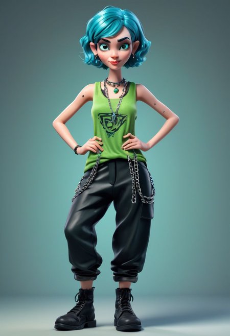 A captivating 3D render of a quirky and adorable claymation woman character. She sports a green gothic girly tank top, baggy very black pants, and chains and necklaces. Her short blue hair is reminiscent of a cubist style, with blue eyes that sparkle with personality. The woman crouches with a confident posture The overall vibe of the illustration is moody, brooding, confident, stylish, vibrant, a dash of whimsy. Glaring posing model glossy cool girl, 3d render, illustration