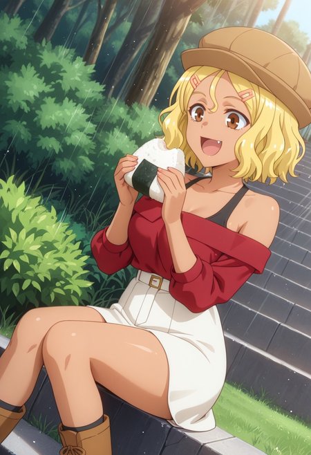 1girl, solo, masterpiece, best quality, newest, absurdres, CG, anime, source anime, illustration, very aesthetic, high resolution, ultra-detailed, newest, scenery, medium depth of field, rule of thirds, masterpiece-level, clean lines, sharp, focused subject, 
BREAK 1girl, ((solo)), Sakura_LW, anime screenshot, blonde hair, short hair, hair ornament, hairclip, dark skin, dark-skinned female, brown eyes, gyaru
hat, skirt, brown boots, off shoulder, white skirt, red shirt,
dynamic pose, sitting on the stairs, eating onigiri, happy, open mouth, dutch angle
outdoors, park, stairs, bin, grass, bushes,
motion lines, from both sides, cinematic angle, various angles, detailed background, beautiful background, (rays light:1.0),(grow:1.0), light particles