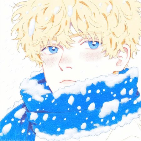 hu99y, 1boy, close-up portrait, anime, bangs, blush, white background, snowing, blond hair, white and blue scarf