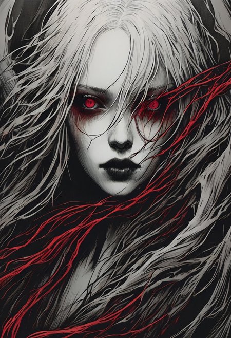 macabre style, (DonMB01dD4rkXL:1.4), centered composition,  , (albino:1.3) (nymph:1.3), (albinism:1.4), Lengthened Rectangular Face with Noticeable Jaw and Cheekbones, Clean, Straight Eyebrows, Wide-Set Close-Set Eyes, Majestic Aquiline Nose, Full Lips, windswept (Fine) (stylish short white hair:1.3) (Close up:1.2), Dutch Angle), (dynamic composition:1.2), (shallow depth of field:1.2), bright lighting vibrant, in the style of (Ansel Adams:1.3) (Rule of thirds:1.1) Show less goth makeup, surreal. velvet bodice, gothic garden, moonlight, gnarled and twisted branches, cobwebs, decaying leaves, draped in ivy, jack-o-lantern, wet, black liquid, partially submerged, (eerie, mysterious, liminal fog, ethereal wisps), (triangle, geometric shapes, abstract geometric gradients:1.2) : 8]. low contrast, depth of field, blurry, bokeh, grainy texture, muted crimson colors, spooky, dark and moody, a mesmerizing blend of light and shadow. high quality, 4k, 8k, masterpiece, two tone cinematic lighting <lora:DonMB01dD4rkXL:0.8>, dark, gothic, grim, haunting, highly detailed