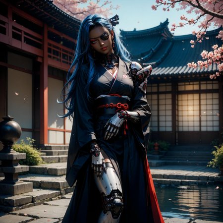 (score_9, score_8_up, score_7_up,), (thick lineart, sharp edges, cel shading, linear hatching)
BREAK
gothic architecture,  japanese garden,
BREAK
full body, 1women, dark dark-skinned female, blue hair, long hair, red eyeliner, head tilt, cybernetic neck, bionic torso, bionic skin, japanese clothes, sexually suggestive, euphemism, left eyepatch,
<lora:Bad_Hands_lora:0.8>