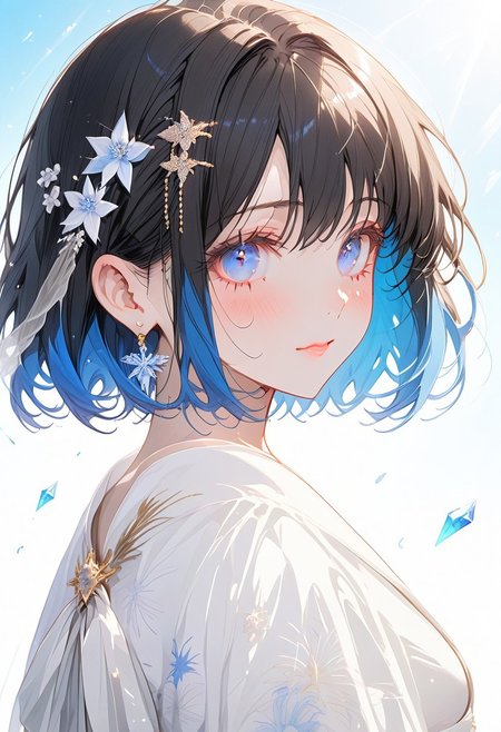 1girl, solo, ((Shion Tachibana, Perfect Face, Short hair, Black hair, Multicolored Blue hair, Expressive eyes, Blue crystal eyes)), expressive face, blushing, closed mouth, perfect body, perfect breast, tall, white skin, wedding dress, gold ornament, hair ornament, church, blue sky, cinematic lighting , cinematic angle, soft light , color detail, backlighting, Depth of field, long exposure, light steps,  intricate colors, vibrant colors, negative_hand, easynegative, verybadimagenegative_v1.3,