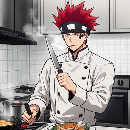 masterpiece, best quality, amazing quality, absurdres, newest, detailed background, definition so sharp, Ultra-HD, 8K cinematic, very awa, impressionate, amazing quality, highres, 
solo, male focus, manly, 
1boy, d0tb_red hair, d0tb_brown eyes, d0tb, spiked hair, facial tattoo, headband, smoking, smoke,
cooking, holding knife, determined expression, steam, kitchen, vibrant colors, chef's uniform, hot-blooded, energetic, playful, cool, focused, sparkling eyes,