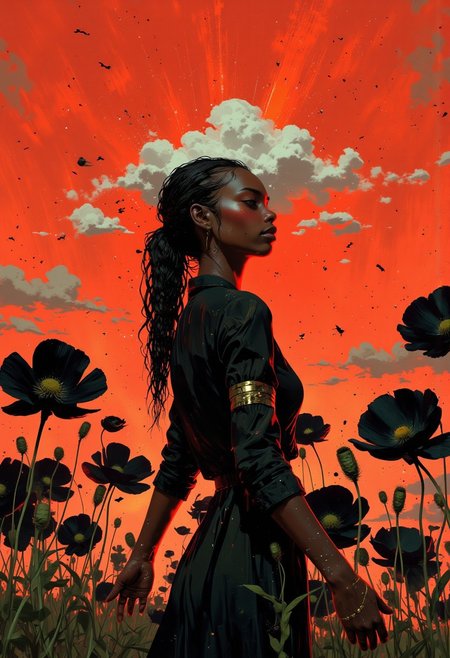 mythp0rt, pscho_4rt, surreal, abstract, glitch, A hyper-realistic digital portrait of a young woman with long, intricately braided hair, captured from a low-angle perspective that accentuates her towering, ethereal presence as she stands gracefully in an open field. Her rich black skin gleams softly under the surreal red sky, her short, sleek black hair providing a dramatic contrast to the monochromatic black elements surrounding her. She wears a sleek, form-fitting black dress with long sleeves, its smooth, elegant texture mirroring the glossy black poppies that stretch across the field, their delicate petals and inky centers blending seamlessly into the scene. Above her, a surreal fluffy white cloud floats just over her head, partially covering it and casting a striking juxtaposition against the intense red hues of the sky. Her expression is serene, eyes gently closed, with her arms outstretched in a gesture of calm surrender, appearing to float weightlessly among the dark blossoms. The vibrant, red-bathed sky, dotted with soft white clouds, enhances the dreamlike, otherworldly atmosphere, drawing the viewer into this poetic and tranquil moment. Every element, from the subtle shimmer of her dress to the textured petals of the black flowers and the dynamic lighting of the surreal red sky, is rendered with extraordinary precision, crafting a masterpiece of surreal beauty and mystery. HD, 8K quality, ultra-detailed, masterpiece artwork, flawless anatomy.