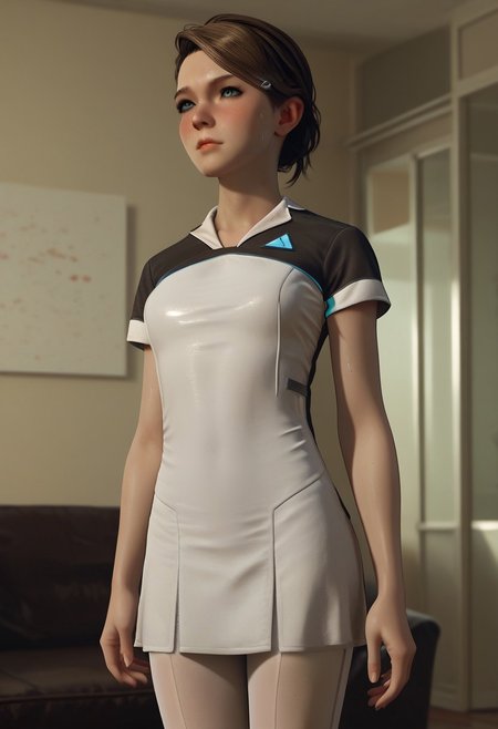 score_9, score_8_up, score_8_up, godrays,1girl, living room, blush, sweat, expressiveh, used, standing, sexy legs, white pantyhose, medium breast, petite body, skinny and cute, 1girl, short hair, brown hair, blue eyes, lips, dress, short sleeves, in large home, dynamic view, from behind