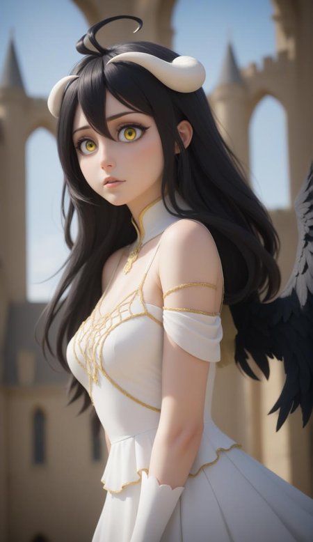 cinematic film still stunning anime artwork, concept art albedo, highres, sharp focus, pixiv masterpiece, ((intricate details)), highly detailed, 1girl, black wings, white dress with gold,(white horns:1.4), albedo_overlord, black hair, yellow eyes, (low wings,:1.1),( front view:1.2), upper body, castle on background  <lora:albedo:0.8>
 anime style, key visual, vibrant, studio anime, highly detailed, Long exposure photo of photo, woman, highly detailed, medium shot, 35mm, RAW, photoshoot, grit, texture, perky, (bleached, faded, cross processing, film grain, filmic:1.2),
 rainbow style, (highlight in bright eyes:1.2) kodak ektachrome kodak, pale skin, film overlay filter . Blurred motion, streaks of light, surreal, dreamy, ghosting effect, highly detailed, undefined . shallow depth of field, vignette, highly detailed, high budget, bokeh, cinemascope, moody, epic, gorgeous, film grain, grainy