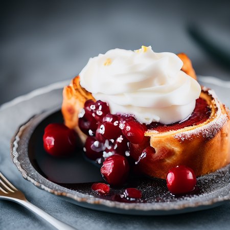 cherry pastry with whipped cream,bokeh,art by photohelper, food photography,  hasselblad,35mm f1.8 zeiss lens, sharp focus, extremely detailed, 4k, studio lighting, perfect composition, hyperrealistic