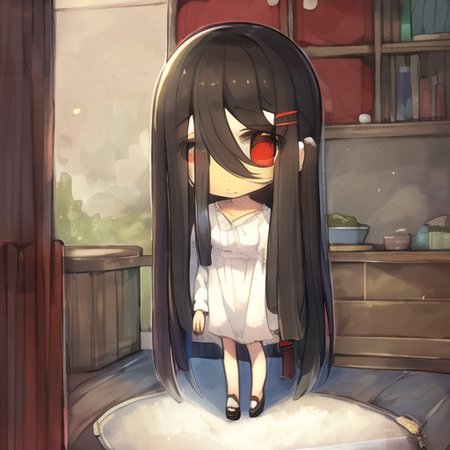 ((masterpiece)),(best quality), absurdres,sadako_yamamura,red eyes, white dress,<lora:Sadakobest:0.8>, <lora:chibiArtstyle_10:1>, chibi,