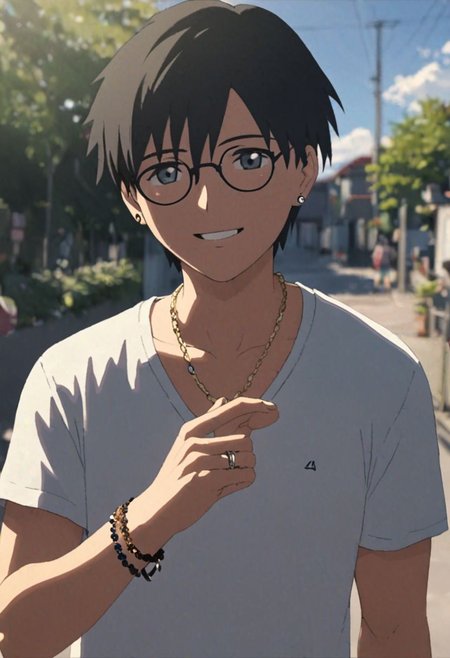 Highres, Masterpiece, High Quality, 4K, 8K, solo, 1Boy, Takaki Toono, adult, black hair, short hair, sunny, cloudy, posing, candid, sweet smile, photo model, earrings, necklace, bracelet, anklet, ring, fake glasses, easynegative, detailed_eye_model