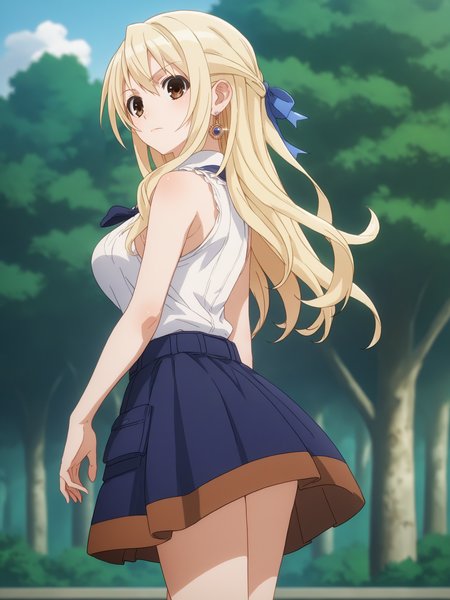 score_9, score_8_up, score_7_up, score_6_up, score_5_up, source_anime, smooth_anime,
Lucy_Heartfilia, 1girl, solo, brown_eyes, blonde_hair, ribbon, hair_ribbon, looking_at_viewer, long_hair, outdoors, jewelry, earrings, breasts, looking_back, sleeveless, blue_ribbon, skirt, shirt, tree, large_breasts, sleeveless_shirt, blue_skirt, long_skirt, day
 <lora:Hyperdimension_Neptunia:1>