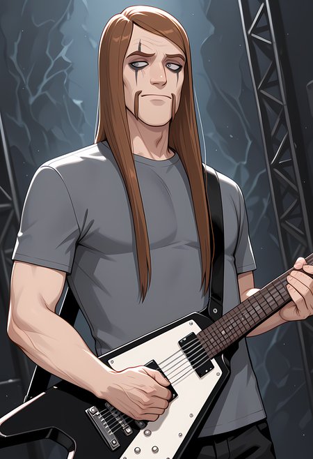 masterpiece, best quality, amazing quality, dutch angle, abstract background, BREAK
1boy, solo, male focus, tokiwartooth, brown hair, long hair, grey eyes, facial hair, dark eye makeup, white makeup, grey shirt, electric guitar, instrument, BREAK
<lora:cfg_scale_boost:.6>   <lora:Toki_Wartooth_-_Metalocalypse_-_ILXL:1>