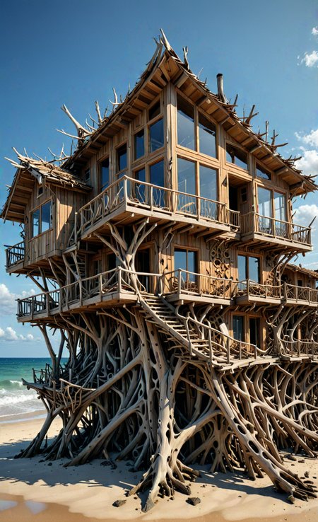 organic, tropical beach house, uneven, unconventional, modern architecture made of driftwood house on stilts, chaotic, organic design, bezier, <lora:Driftwood_Detailed_Art_-_By_DICE:1>, (Very Intricate), Epic, <lora:3D_Framed_Wall_Art_-_By_DICE:0.6>,(3D Framed, Macabre), UHD