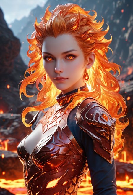 score_9, score_8_up, score_7_up, lava mounain background, 1girl, mature, small breast, lava armor,  fire, lava hair, fire around, fire eyes, fire skin, realistic skin texture, detailed picture, HD32k, SFW