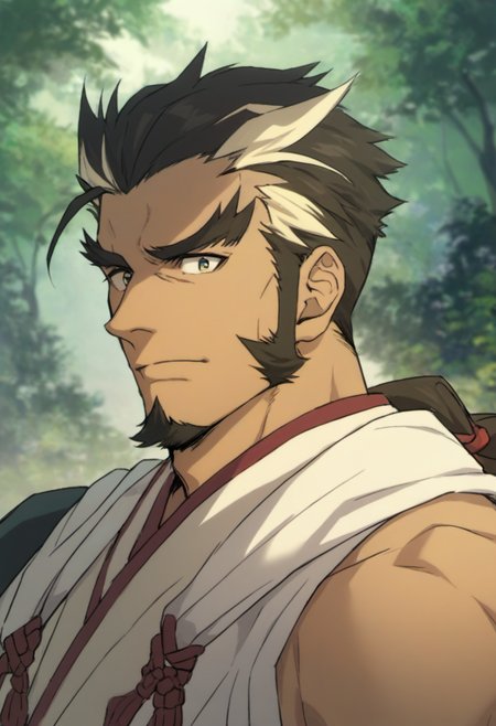 1boy, Genji_Jigokuraku, genji, long sideburns, thick eyebrows, multicolored hair, beard, sleeveless japanese armor, forest environment, score_8_up, score_7_up, score_6_up, score_9_up, face_focus, fantasy, middle-age man, hairy, muscular, centered, looking at viewer,  8k uhd, high quality,