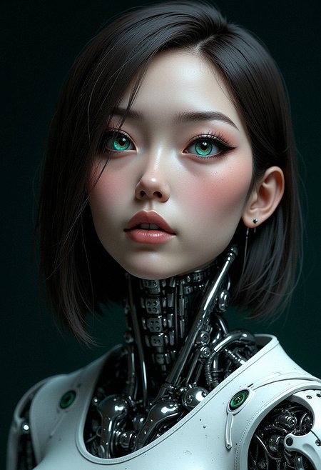 Close-up of a futuristic female android with a partially revealed mechanical structure. Her human-like face has pale, smooth skin with a natural makeup look, emphasizing soft pink lips and lightly blushed cheeks. Her striking bright blue eyes have a slight glow, framed by long, dark lashes and perfectly shaped dark eyebrows. The right side of her neck and jaw are exposed, revealing intricate mechanical parts, including metallic cables, joints, and panels. The android has shoulder-length dark brown hair, styled smoothly and pulled back, with no visible hair accessories. She wears a simple white garment, which is partially visible and minimalist in design. The mechanical details seamlessly blend with her human appearance, creating a harmonious contrast.   A deep, dark background with soft, diffused lighting that gradually fades from black to a subtle gradient of dark green, adding an eerie, futuristic atmosphere. The background is intentionally minimalistic, with no additional elements, to maintain focus on the subject. The lighting emphasizes the metallic details of the android while casting slight shadows on her face, enhancing the depth and realism of the image.     <lora:FluxMythP0rtr4itStyle:0.7> MythP0rt, <lora:aidmaImageUpgrader-FLUX-V0.1:0.33> detailmaximizer,