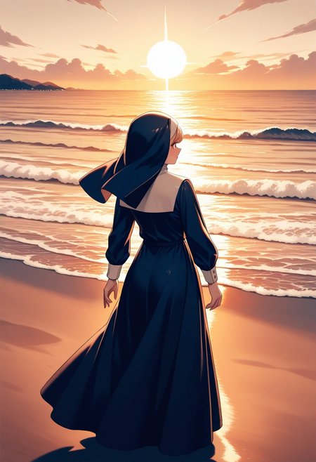 masterpiece, best quality, amazing quality,general, nun, beach, sunlight, limited palette,