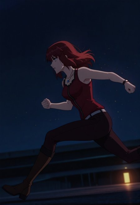 angle, 
saber alter, fate (series),1girl, maryj, green eyes, red hair, medium hair, medium breasts, red shirt, dark pants, brown boots, necklace, watch, running, dynamic backlighting, indirect lighting, night sky, incoming attack, (looking at viewer:1.2), cinematic Lighting,light particles,dark red theme,
accurate anatomy, focused, outdoors, dynamic light, velvet theme, from side, vibrant colors, soft focus, high contrast,
textured surfaces, depth of field, dramatic shadows, rich details, dynamic angle,  dynamic light,background,volumetric lighting,
night scene, professional lighting, ambient lighting, soft shadows, clear composition, detailed environment, solo_focus, masterpiece, best quality, very aesthetic, absurdres, newest,748cmstyle,ultsm99,