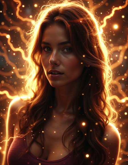 <lora:aura_v2_beta2:1>,auralora,the image features a woman with long hair. She has a determined expression on her face,and is surrounded by a halo of bright light with intricate,ethereal glow,almost incandescent quality,
