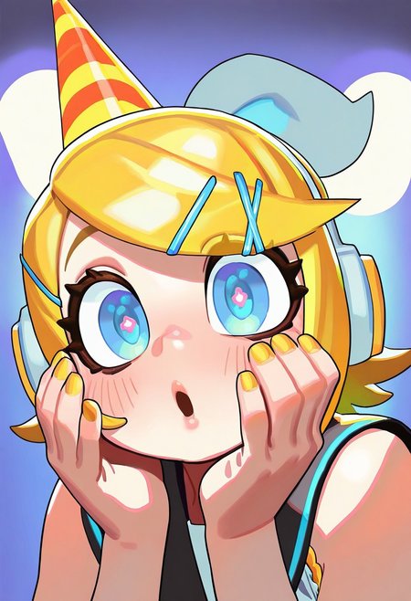 ZolicPSTL_ST, masterpiece, best quality, very aesthetic, high resolution, ultra-detailed, absurdres, newest, extremely detailed eyes, 
1girl, blonde hair, kagamine rin, blue eyes, short hair, open mouth, swept bangs, yellow nails, party hat, hair bow, hair ornament, hands on own face, nail polish, headphones, heart-shaped pupils, blush, looking at viewer, white bow, treble clef, hairclip, happy birthday, symbol-shaped pupils, headset, black sailor collar, sleeveless shirt, symbol in eye, portrait
, beautiful, perfect lighting, hi res, amazing quality, very awa, Brightly Lit, Highly Visible, 8k, sharp focus, beautiful, perfect lighting, volumetric lighting, scenery, painting_(artwork)