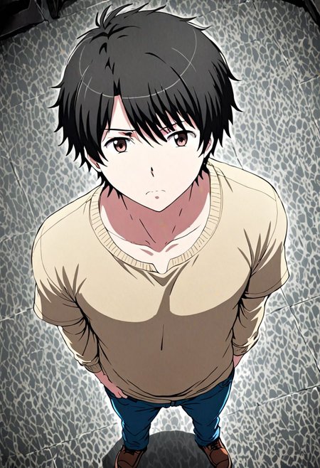high resolution, solo, best quality, 1Boy, Inaho Kaizuka, Black Hair, standing, straight facing upwards, casual, seen from above, arrogant face, dominant, intimidate, OverallDetail