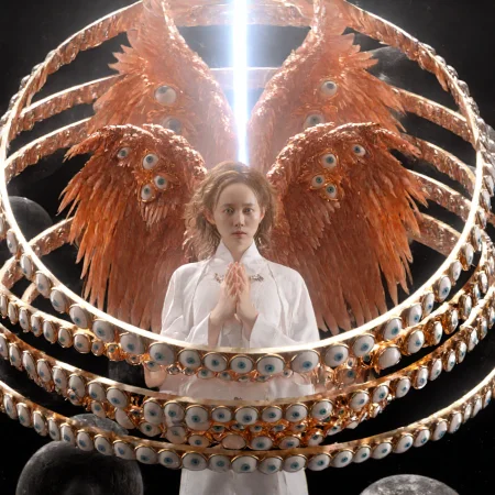 leogirl, seraphins, mystical creature with hundreds of eyes and wings, with the shape of a giant ring, circular hoops around body, massive size, angelical lights <lora:Seraphins1.0-000038:0.8>