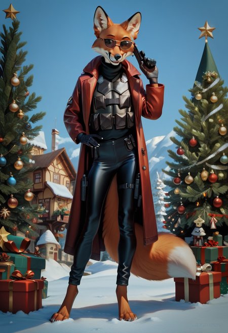 score_9, score_8_up, score_7_up, score_6_up, detailed, hi_res, detailed, colorful, realistic, high quality, score_9, score_8_up, score_7_up, score_6_up, fox furry femboy, sunglasses, ((digitegrate legs, barefoot, skinny, slim)), leather, long coat, red coat, red trench coat, (bulletproof vest:1.5), black pants, holster with gun on hip, deagle in hand, holding deagle, black gloves, black body, ((deagle in hand)), digitegrate legs, barefoot, teeth, smile, silver claws
BREAK
((winter time, snow, town in background, christmas tree, presents))