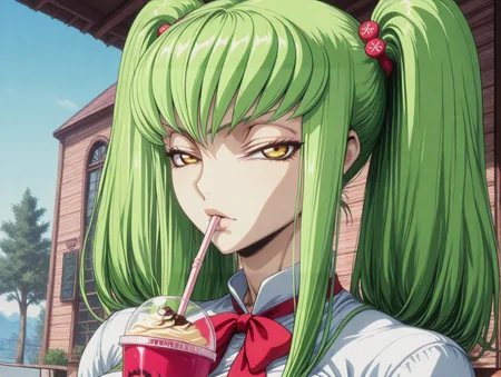 masterpiece,best quality,amazing quality,ultra detailed,
1girl,
 <lora:My_Muscle_Style_1:0.3>,muscular female, fit, skinny,
<lora:HyperdetailedColoredPencilIl:0.3> ArsMJStyle, <lora:Sinozick_style:0.3>Sinozick_illu,gradient,spot color
<lora:illustriousXL_stabilizer_v1.23:0.5>
<lora:GLSHS:0.7> SHSLG
 <lora:C.C._and_Kallen_Stadtfeld_Code_Geass:0.8> , C.C., green hair, long hair, yellow eyes, bangs, twintails,hair ornament,  
outdoors,cafe,drinking straw,  
school uniform, 
solo,large breasts, bowtie, 
dyamic angle,
close-up, portrait, 
looking at viewer, narrowed eyes,