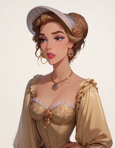 <lora:Disney_Style:.9> <lora:princess_xl_v2:.75> <lora:add-detail-xl:.9> <lora:g0th1cPXL:.3> <lora:Cherry-Gig:.45> <lora:Expressive_H:1> <lora:PLASTT_PonyV6:1> <lora:Elizabeth_Swann_ZairaSass_v1:0.8> score_9, score_8_up, score_7_up, zPDXL, DisneyRenstyle, score_9,score_8_up,score_7_up,score_6_up, 
(white background, plain background, ambient light), (standing, 3/4 view), 
1girl, solo, sexy 18 year old, british girl, (Elizabeth Swann, Port Royal), perfect face, beautiful face, defined cheekbones, defined jawline, light brown hair, big updo, large hairbun, thick dark eyebrows, dark brown eyes, dark lashes, thin lips, nude colored lips,  
confident expression, narrow eyes, one hand on hip, perfect hands, 5 fingers, slender waist, 
Victorian dress with white frills, bonnet hat, earrings, necklace,