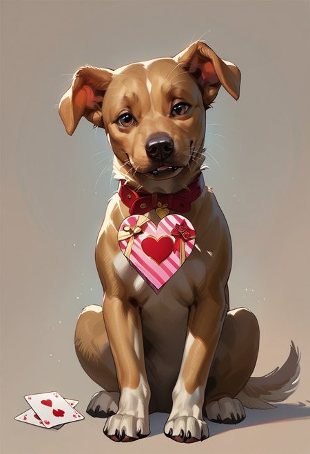 (score_9, score_8_up, score_7_up, source_western,realistic), fantasy, 
The cutest golden retriever puppy sitting by a giant valentine's day Card with lots of hearts,dog